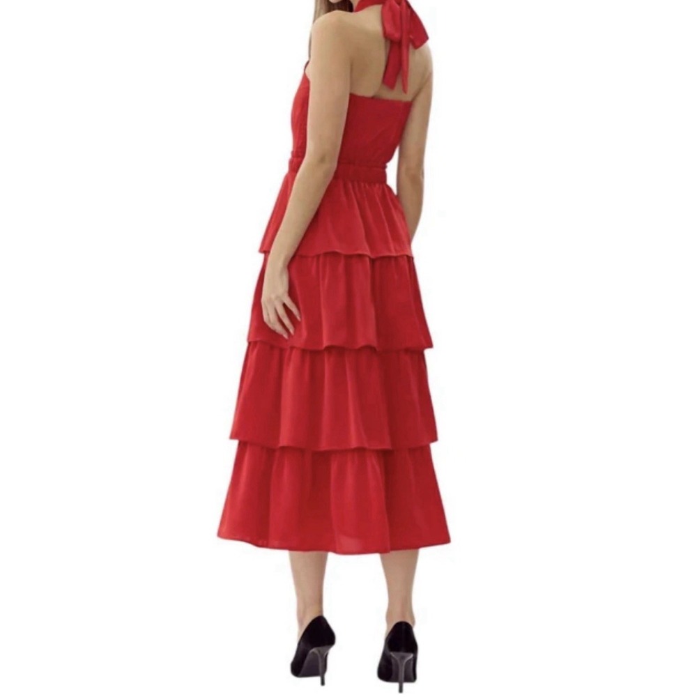 Adelyn Rae Eleanor Halter Tiered Midi Dress Crimson Red Ruffle Wedding Sz Small - Picture 2 of 7
